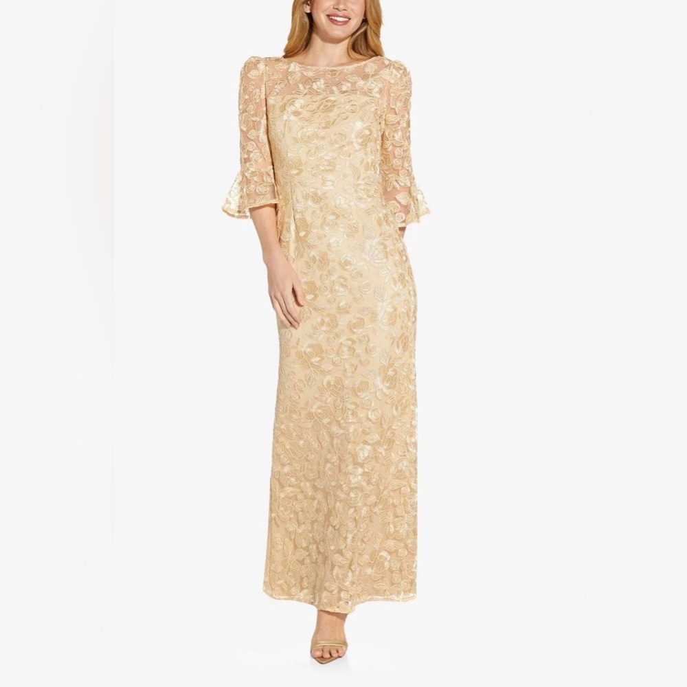 Adrianna Papell Gold Lace Long Sleeve Dress